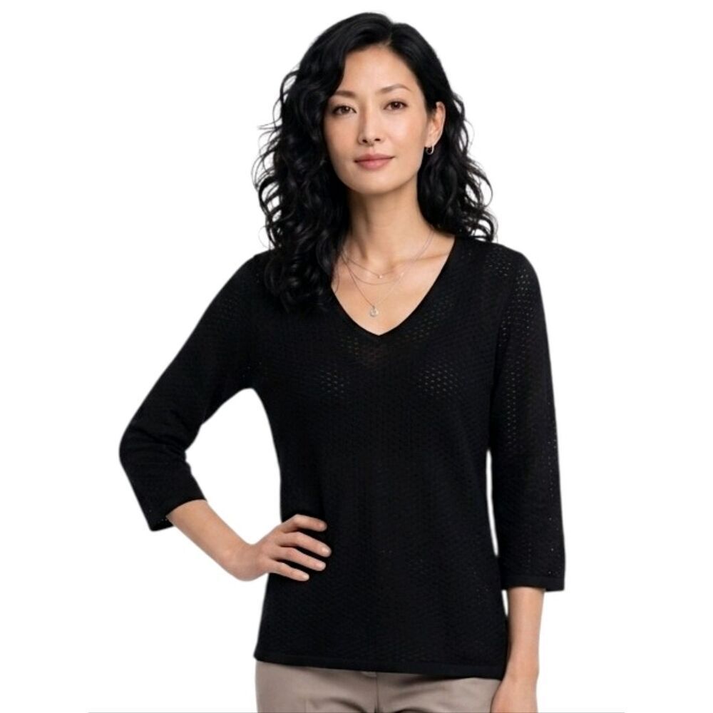 Croft & Barrow Black Textured V-neck 3/4 Sleeve Stretch Knit Blouse Size XL